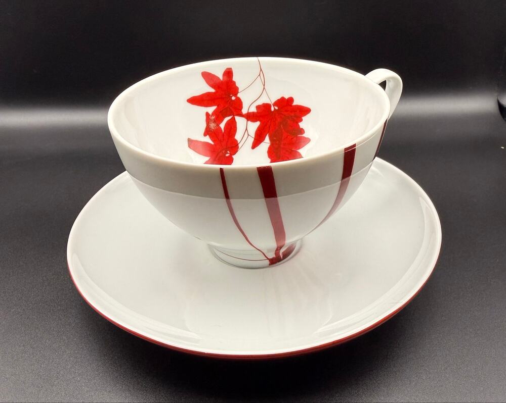 Mikasa Pure Red Cup and Saucer Set SL-134 Porcelain Leaves Stripes NWOB Pristine